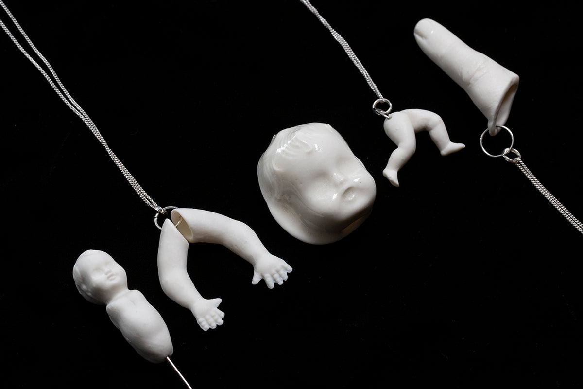 All the products produced in porcelain by Martha Todd for The Uncanny exhibition at the Freud Museum.