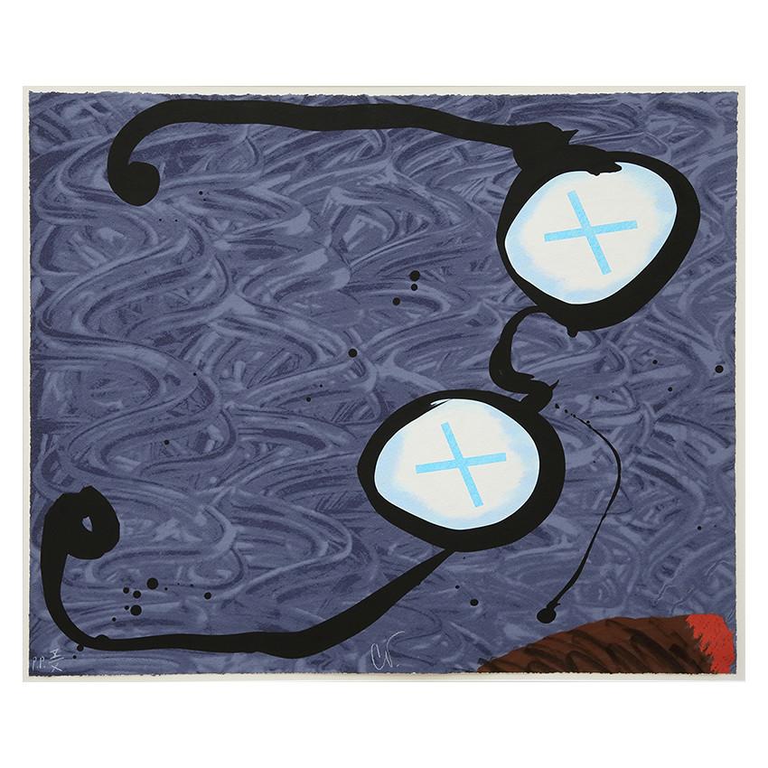 Artist's Proof: Claes Oldenburg - Icons in a Smoke-filled Room, 1996 - print of freud's glasses on blue background with cigar across the bottom.