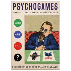 Psychogames by Redstone Press, the cover of the game box showing a man who looks like a psychologist, looking at some rorschach tests and the words next to him read "who are you?"